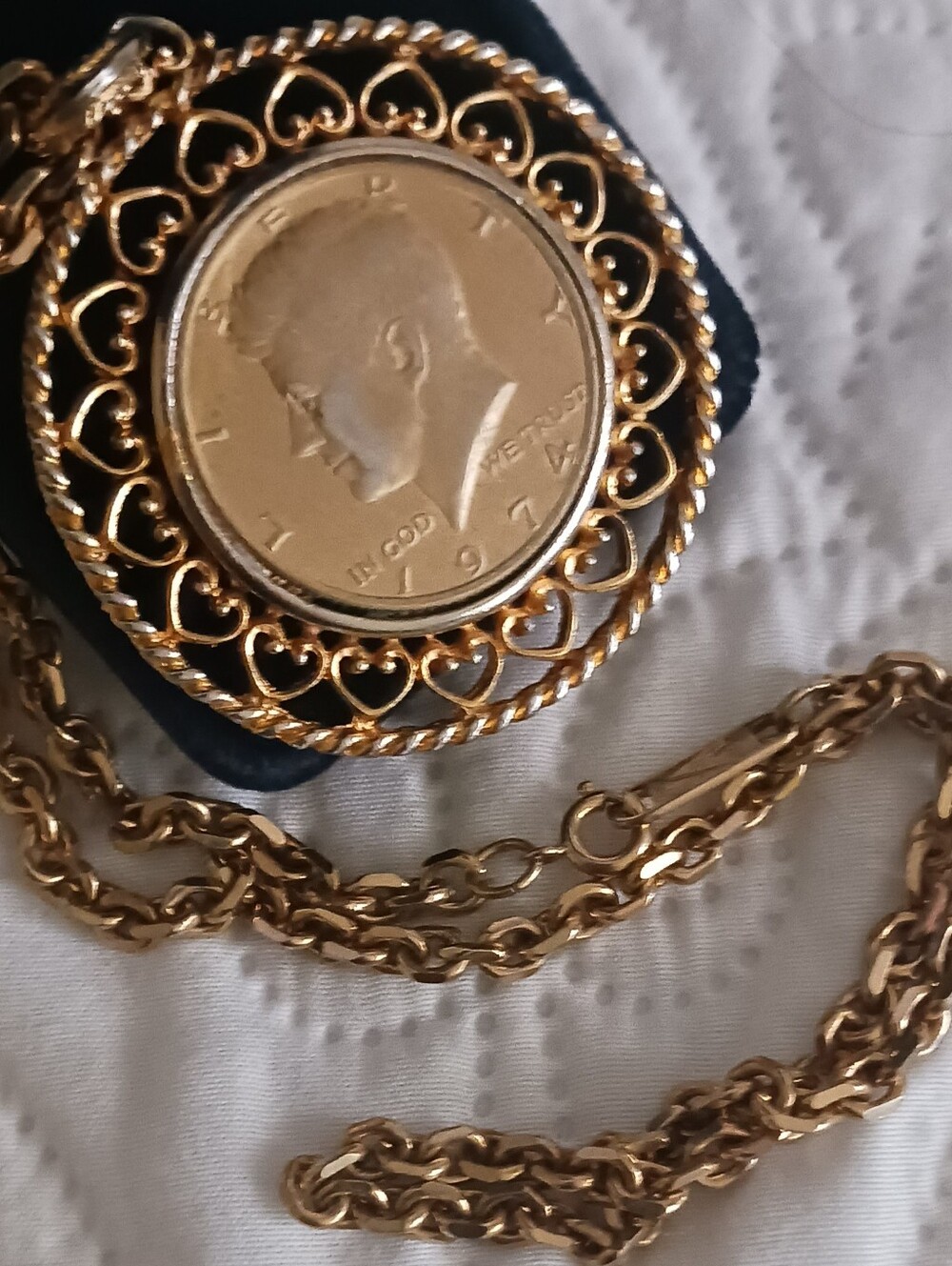 Kennedy 1974 Half Dollar Liberty Coin Vintage Pendant With Artisan Necklace